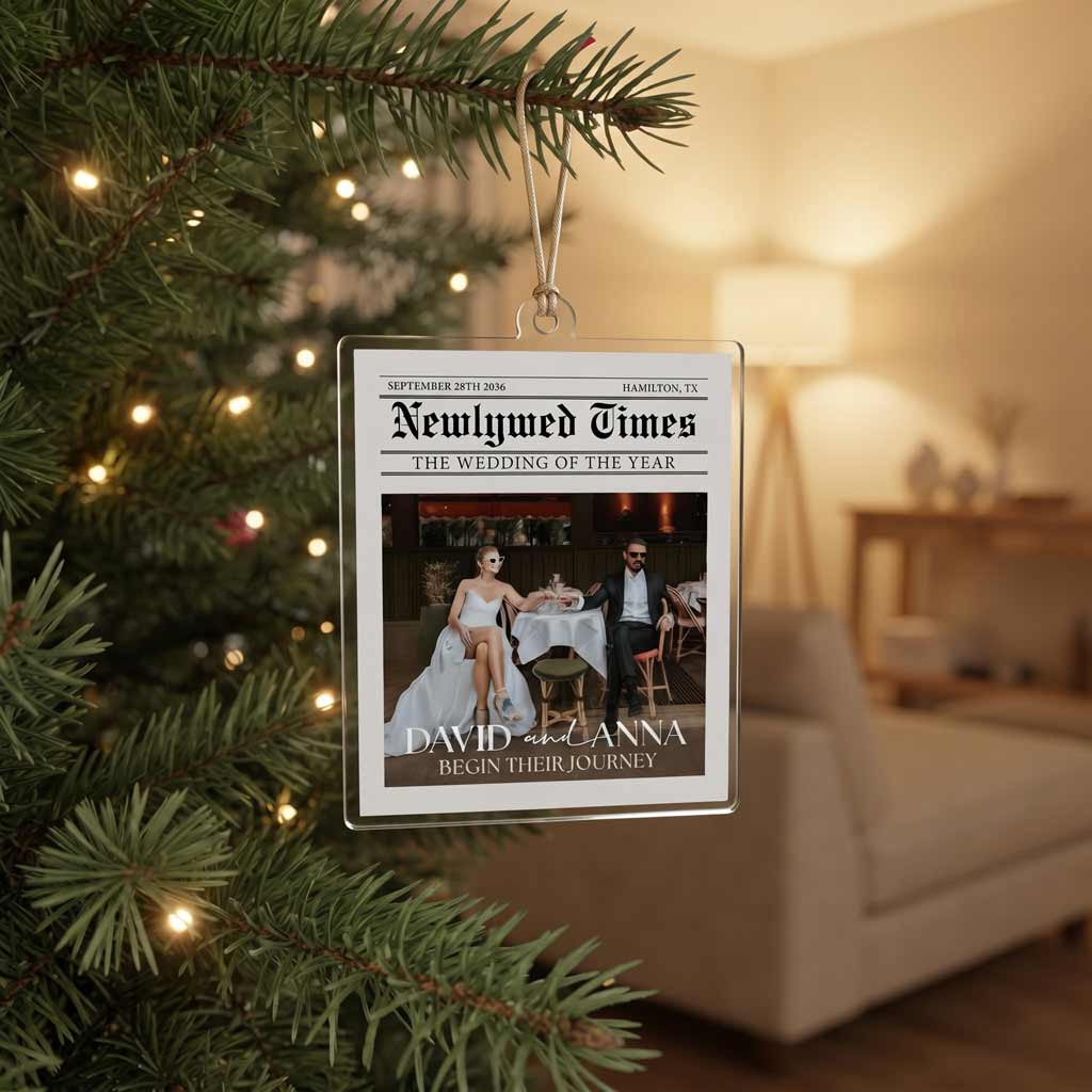 Newlywed Times Wedding of the Year Custom Photo Name Date Wedding Keepsake Acrylic Christmas Ornament
