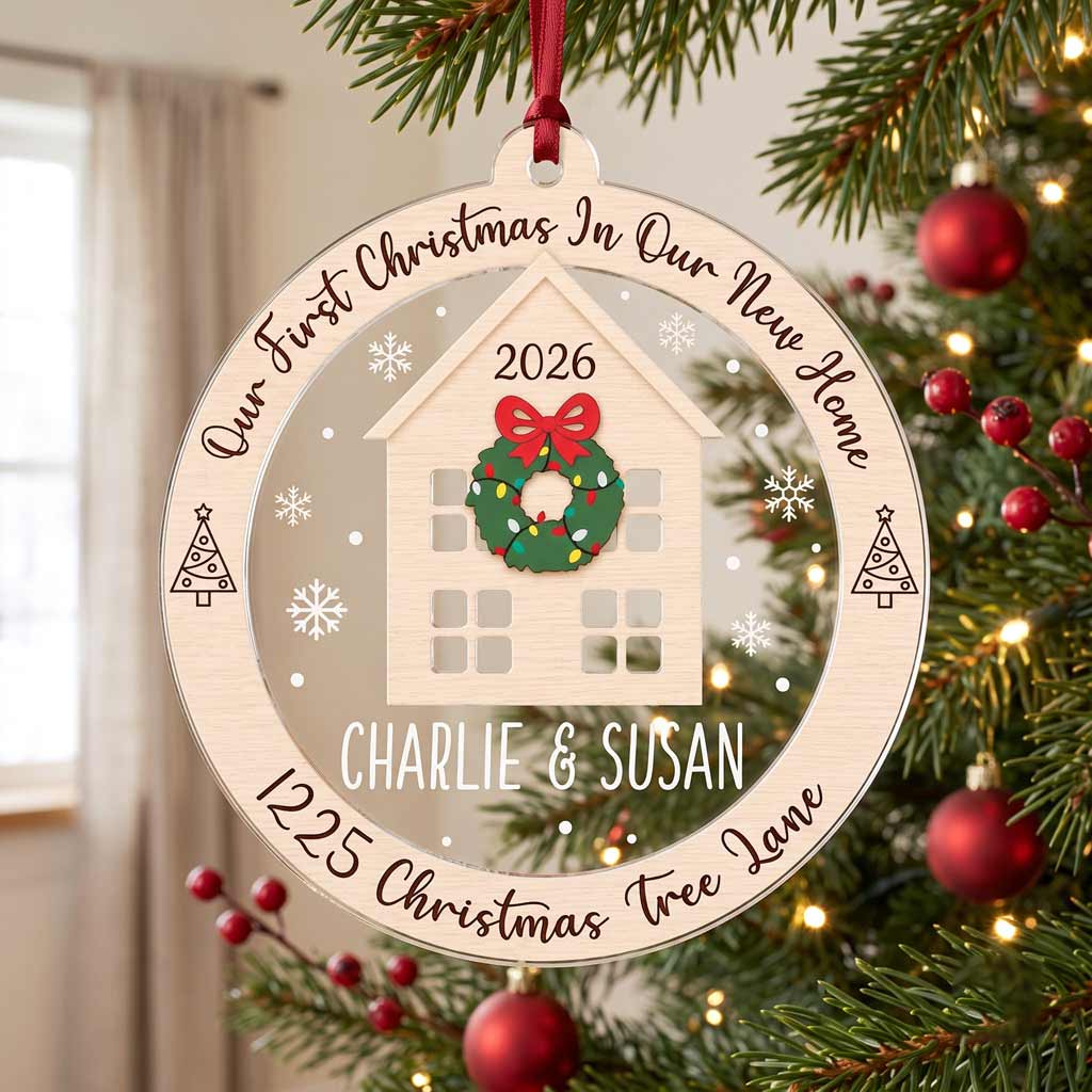 Our First Christmas in Our New Home Custom Name Address New Home Housewarming Keepsake Round Acrylic Ornament