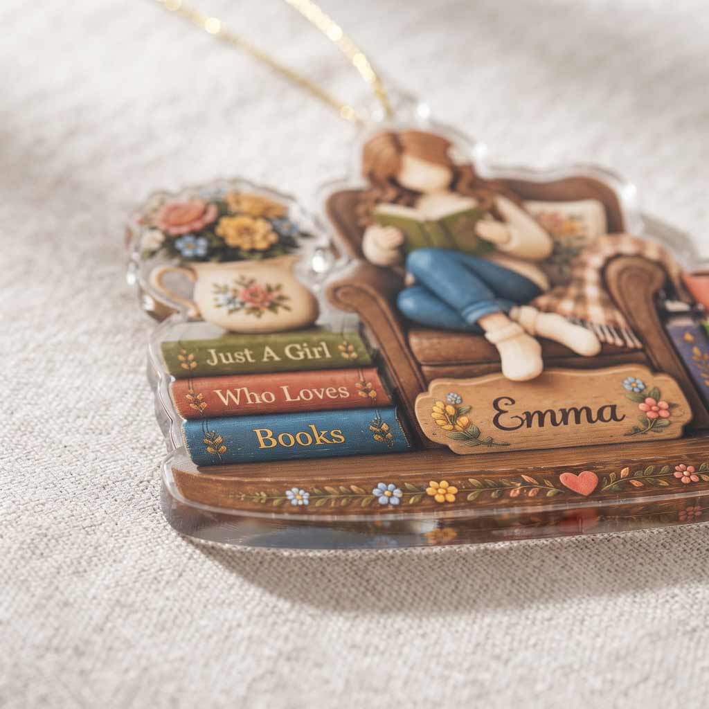 Cozy Reading Girl With Books Custom Name Bookworm Gift for Her Christmas Acrylic Ornament