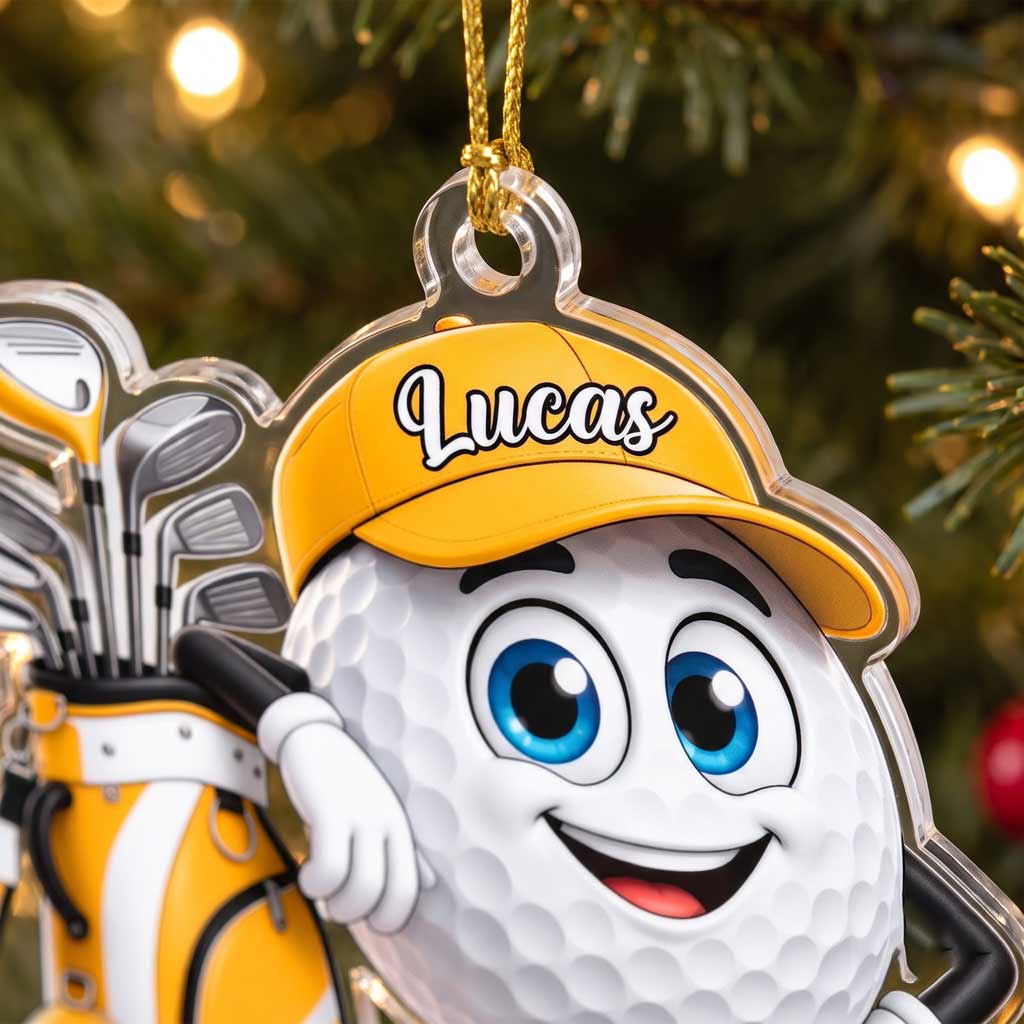 Happy Golf Ball With Golf Clubs Custom Name Golf Lover Gift for Him Acrylic Christmas Ornament