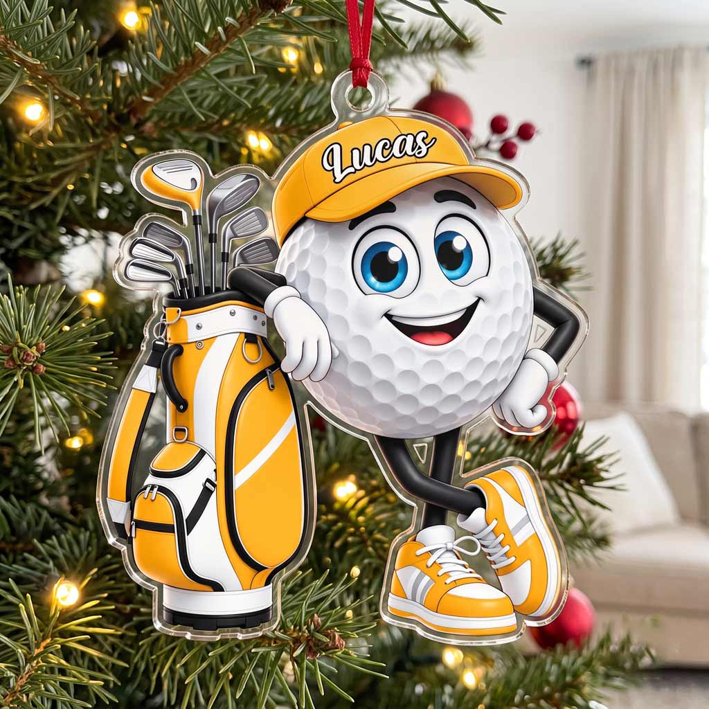 Happy Golf Ball With Golf Clubs Custom Name Golf Lover Gift for Him Acrylic Christmas Ornament