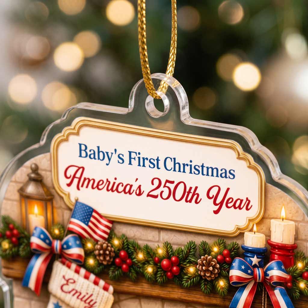 Baby's First Christmas America's 250th Year Custom Name 2026 Newborn Acrylic Patriotic Christmas Ornament
