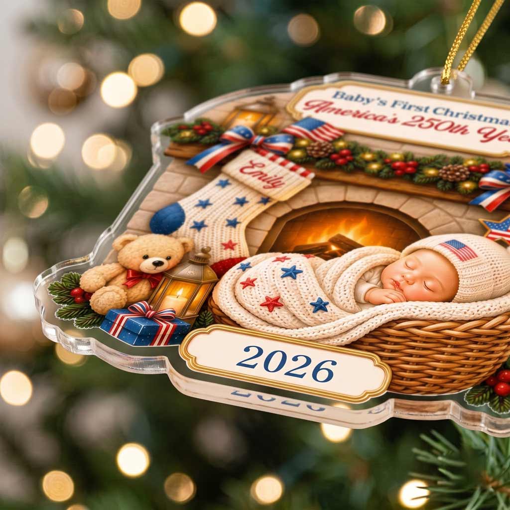 Baby's First Christmas America's 250th Year Custom Name 2026 Newborn Acrylic Patriotic Christmas Ornament