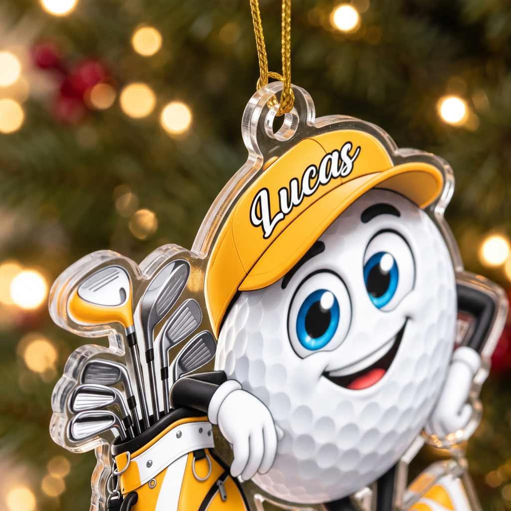 Happy Golf Ball With Golf Clubs Custom Name Golf Lover Gift for Him Acrylic Christmas Ornament