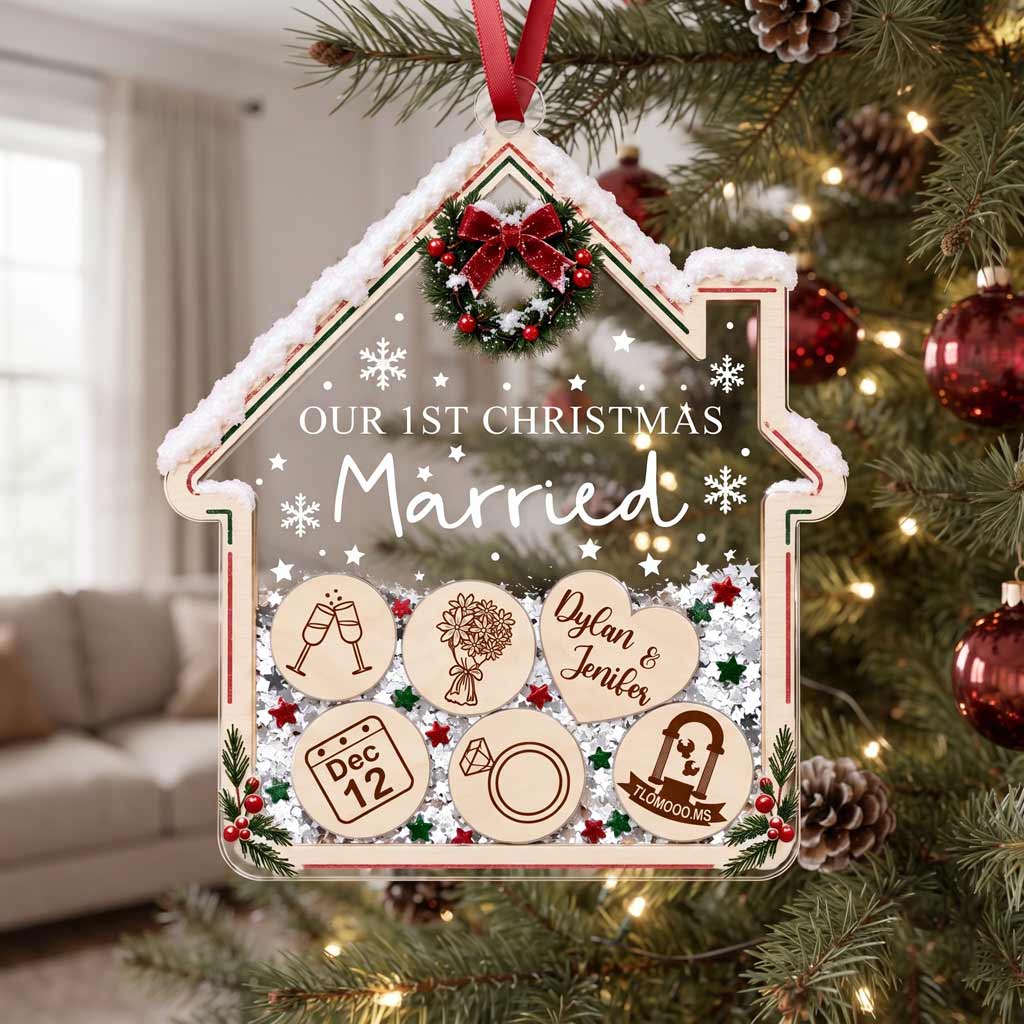 Our First Christmas Married Custom Name Date Wedding Keepsake House Acrylic Christmas Ornament