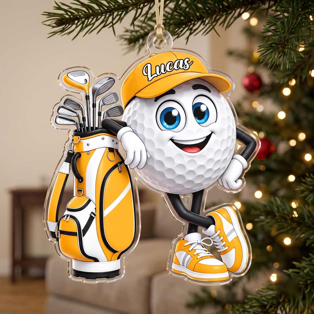 Happy Golf Ball With Golf Clubs Custom Name Golf Lover Gift for Him Acrylic Christmas Ornament