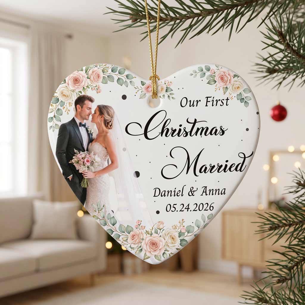 Our First Christmas Married Floral Custom Photo Name Date Couple Wedding Keepsake Heart Ceramic Ornament
