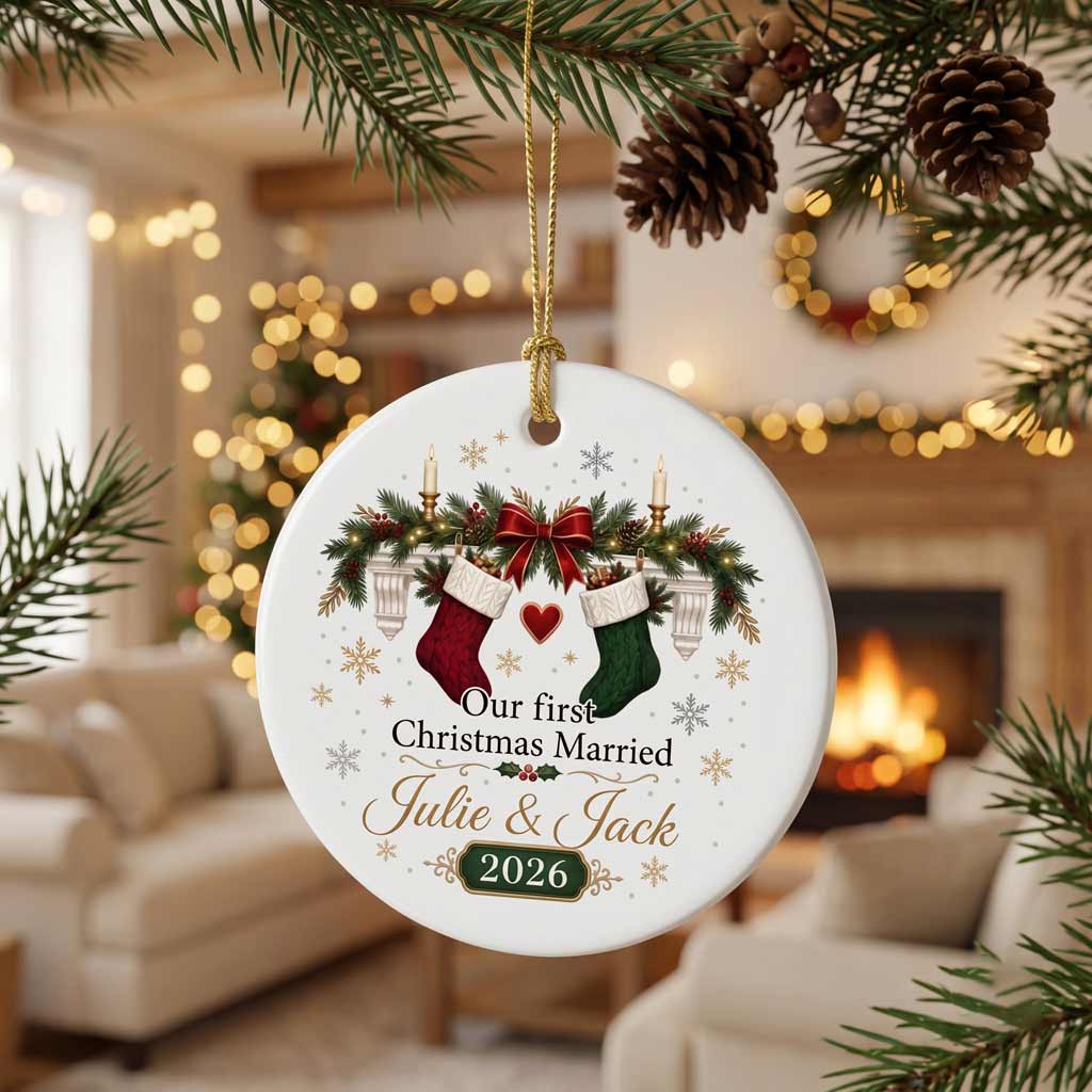 Our First Christmas Married Stockings Custom Name Date Couple Wedding Newlywed Gift Round Ceramic Ornament