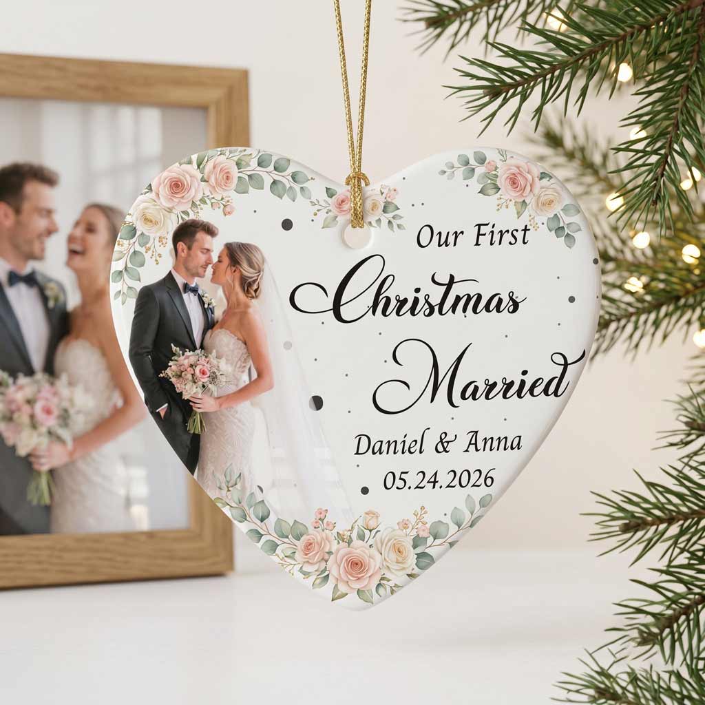 Our First Christmas Married Floral Custom Photo Name Date Couple Wedding Keepsake Heart Ceramic Ornament