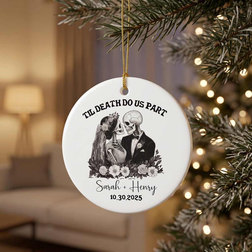 Til Death Do Us Part Skeleton Wedding Custom Name Date Gothic Couple Round Ceramic Ornament