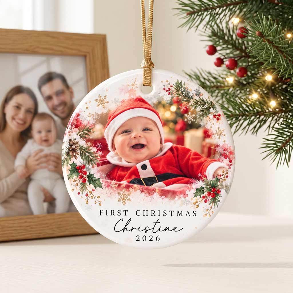 Baby's First Christmas Santa Custom Uniique Newborn Keepsake Round Ceramic Ornament