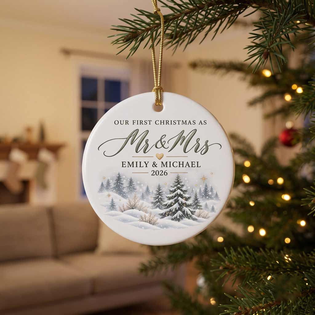 Our First Christmas As Mr & Mrs 2026 Snowy Pine Forest Custom Name Couple Wedding Newlywed Gift Round Ceramic Ornament