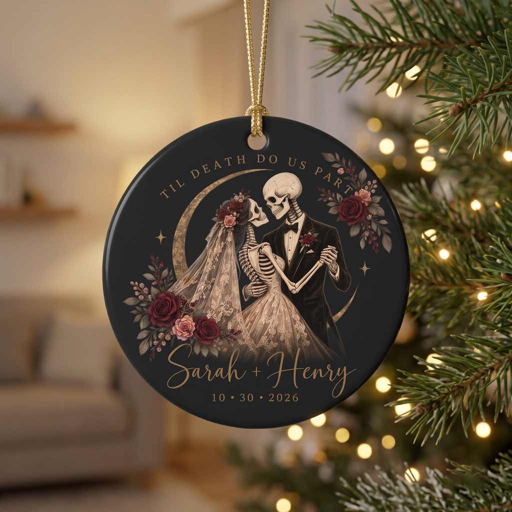 Til Death Do Us Part Skeleton Bride Groom Custom Name Date Gothic Wedding Couple Round Ceramic Ornament