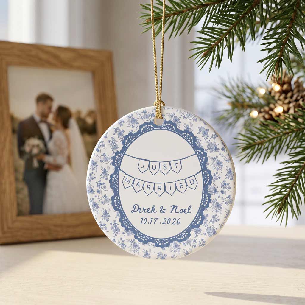 Just Married Blue Floral Custom Gift Wedding Couple Newlywed Keepsake Round Ceramic Ornament