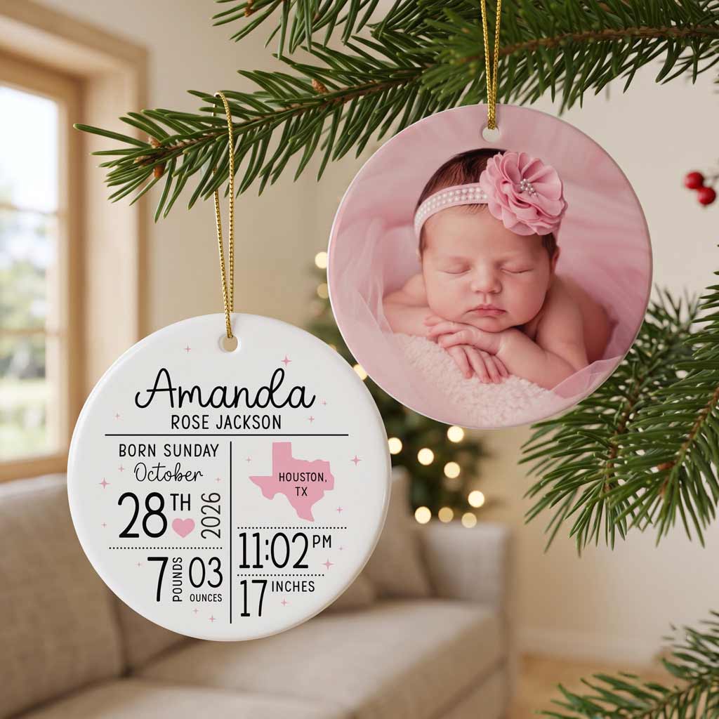 Baby Birth Stats Custom Birth Details Newborn 1st Baby Keepsake Round Ceramic Christmas Ornament