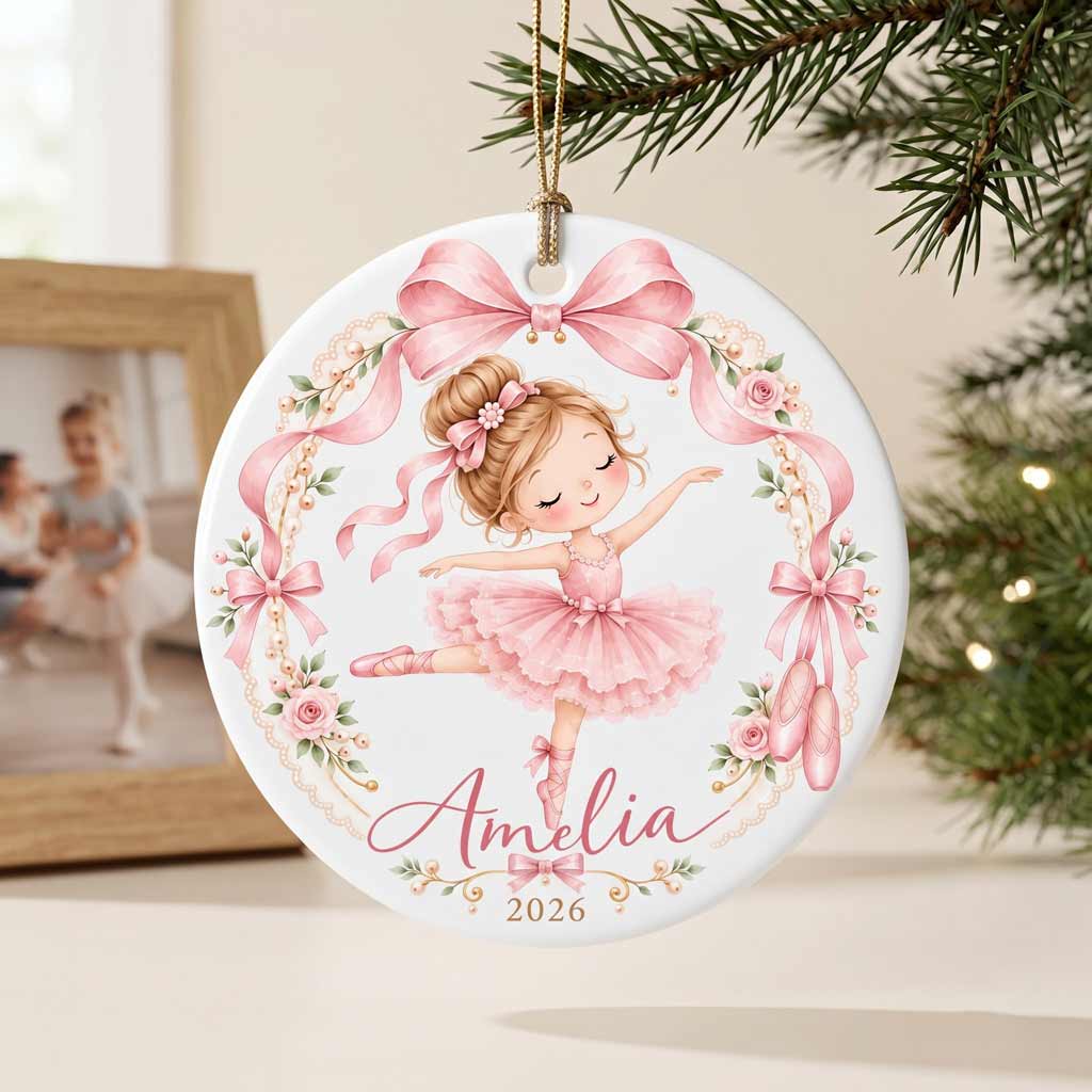 Pink Ballerina Floral Bow Custom Name Year Ballet Dancer Girl Round Ceramic Ornament