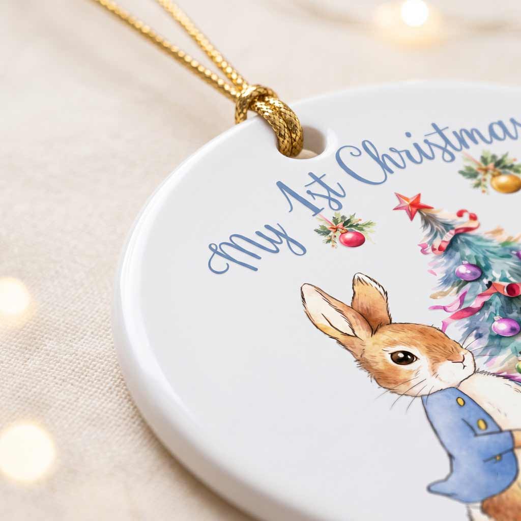 My First Christmas  Rabbit Custom Name 2026 Newborn Baby Round Ceramic Christmas Ornament