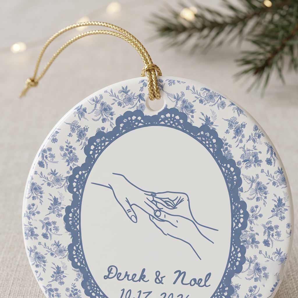 Holding Hands Blue Floral Custom Name Date Couple Wedding Keepsake Round Ceramic Ornament