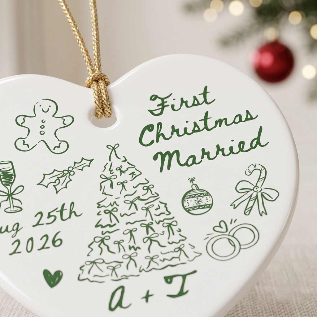First Christmas Married Wedding Doodle Custom Name Date Couple Newlywed Heart Glass Ornament