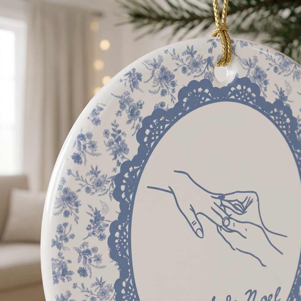 Holding Hands Blue Floral Custom Name Date Couple Wedding Keepsake Round Ceramic Ornament