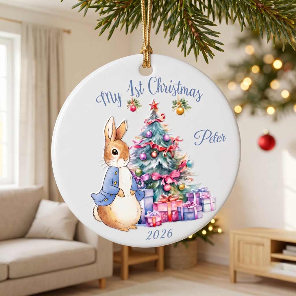My First Christmas  Rabbit Custom Name 2026 Newborn Baby Round Ceramic Christmas Ornament
