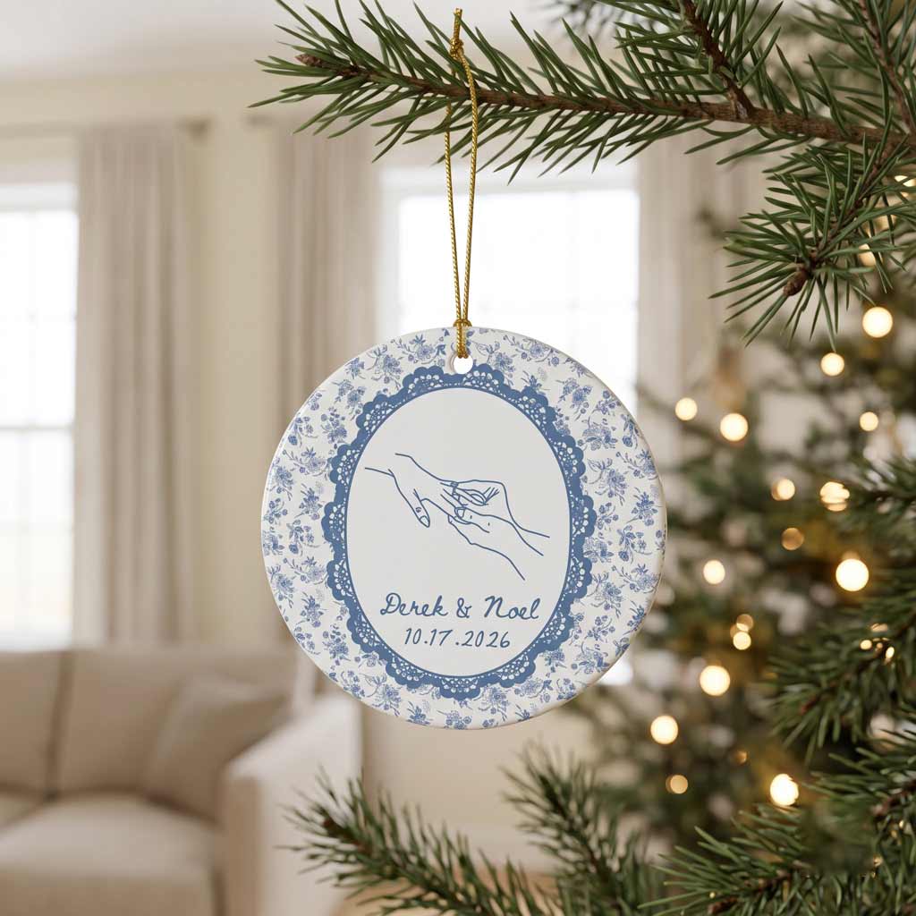Holding Hands Blue Floral Custom Name Date Couple Wedding Keepsake Round Ceramic Ornament