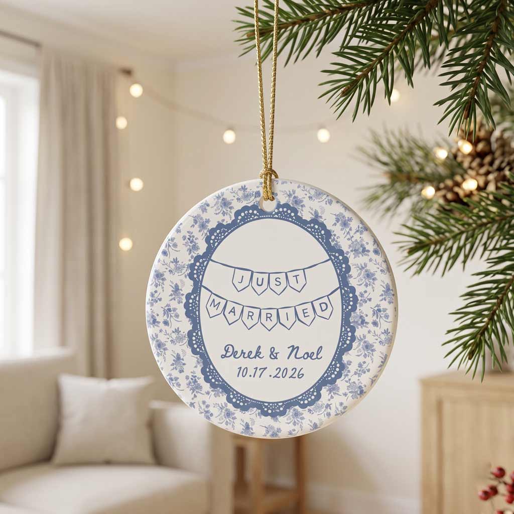 Just Married Blue Floral Custom Gift Wedding Couple Newlywed Keepsake Round Ceramic Ornament