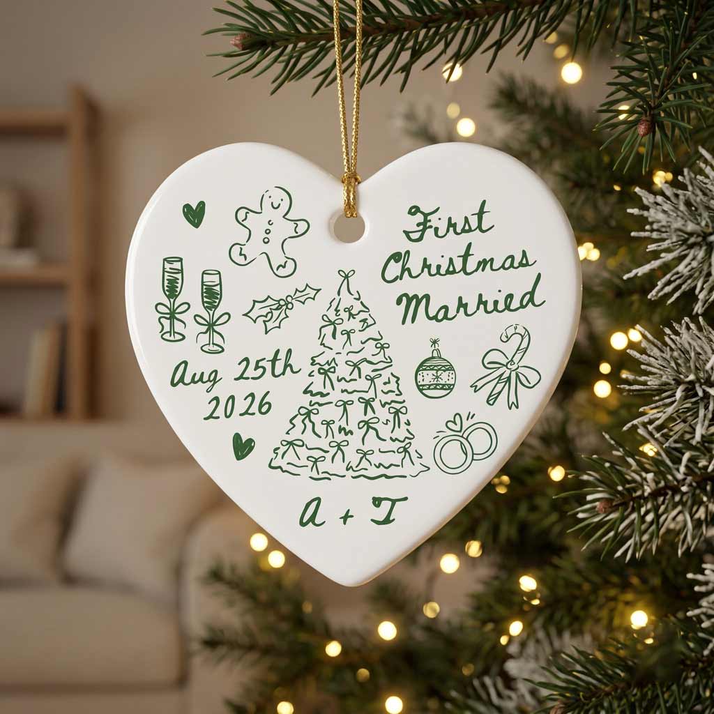First Christmas Married Wedding Doodle Custom Name Date Couple Newlywed Heart Glass Ornament