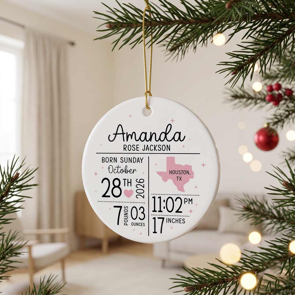 Baby Birth Stats Custom Birth Details Newborn 1st Baby Keepsake Round Ceramic Christmas Ornament