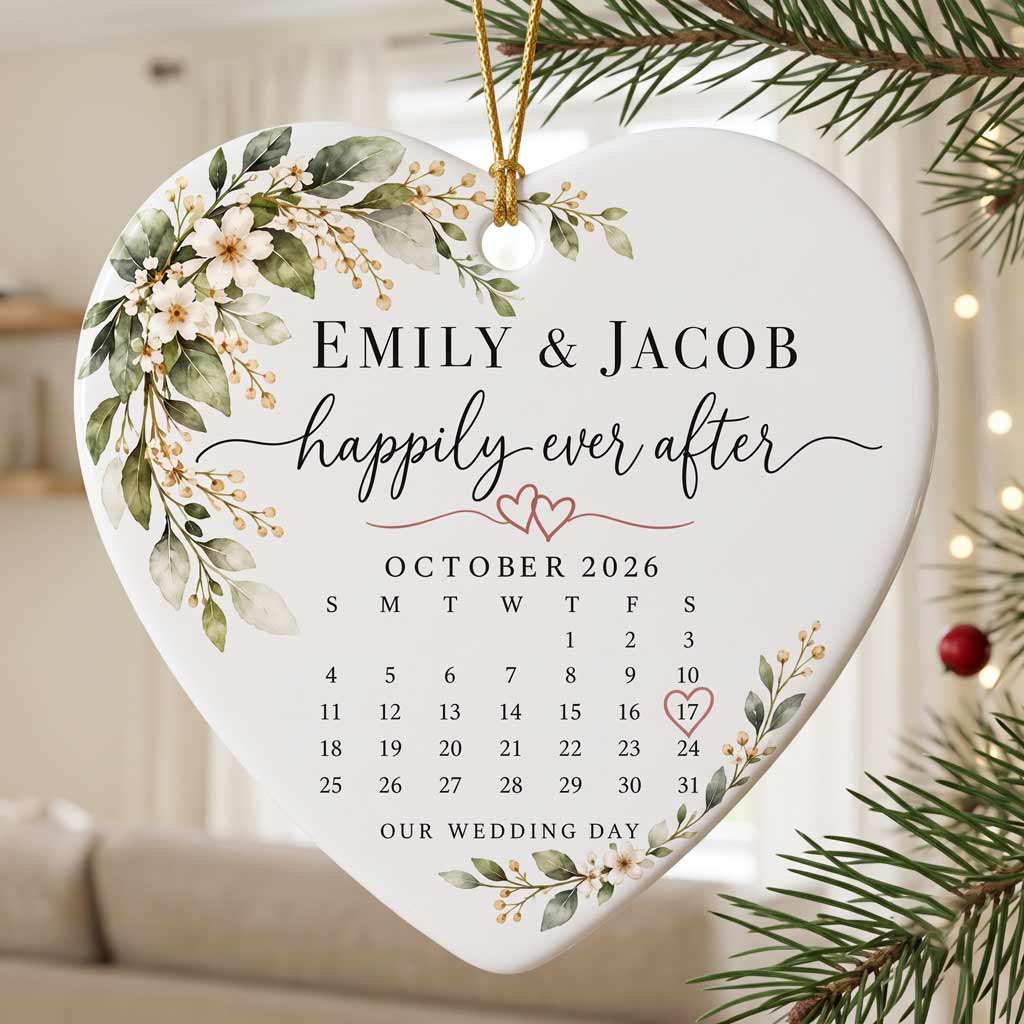 Happily Ever After Wedding Calendar Custom Name Date Wedding Couple Keepsake Heart Ceramic Christmas Ornament