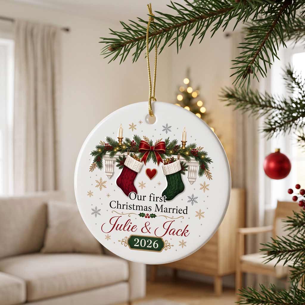 Our First Christmas Married Stockings Custom Name Date Couple Wedding Newlywed Gift Round Ceramic Ornament