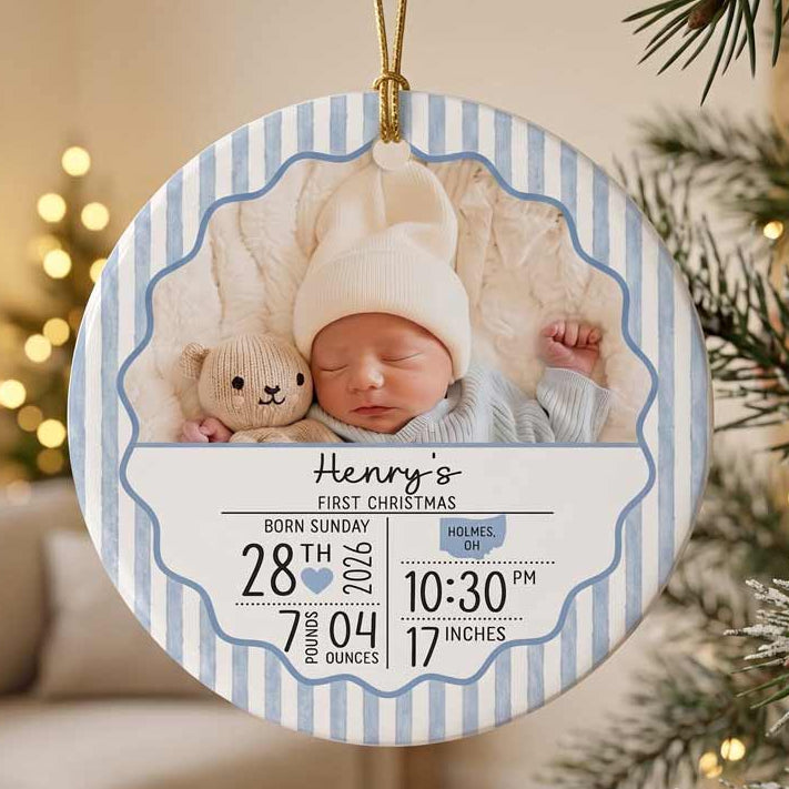 Baby's First Christmas Custom Photo Name Birth Details Newborn Baby Round Ceramic Christmas Ornament