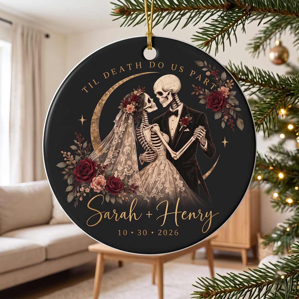 Til Death Do Us Part Skeleton Bride Groom Custom Name Date Gothic Wedding Couple Round Ceramic Ornament