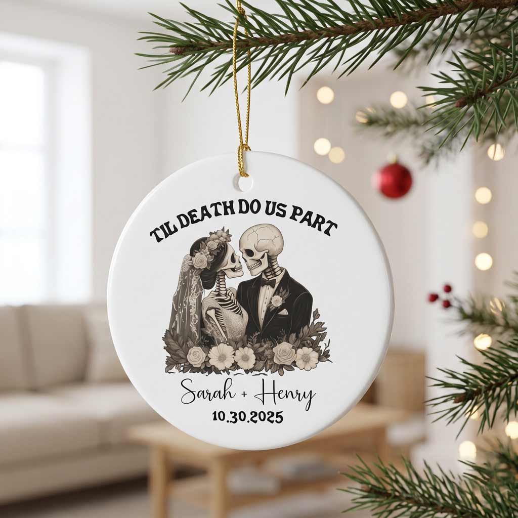 Til Death Do Us Part Skeleton Wedding Custom Name Date Gothic Couple Round Ceramic Ornament