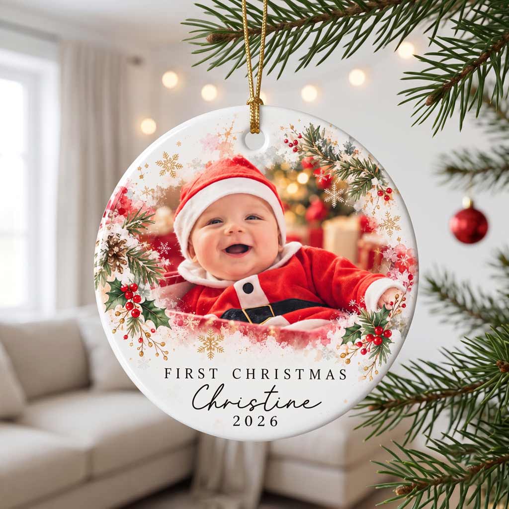 Baby's First Christmas Santa Custom Uniique Newborn Keepsake Round Ceramic Ornament