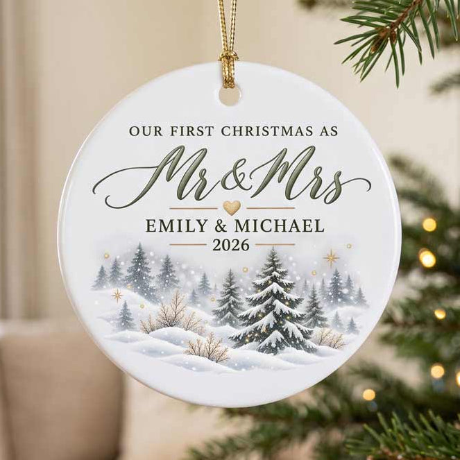 Our First Christmas As Mr & Mrs 2026 Snowy Pine Forest Custom Name Couple Wedding Newlywed Gift Round Ceramic Ornament
