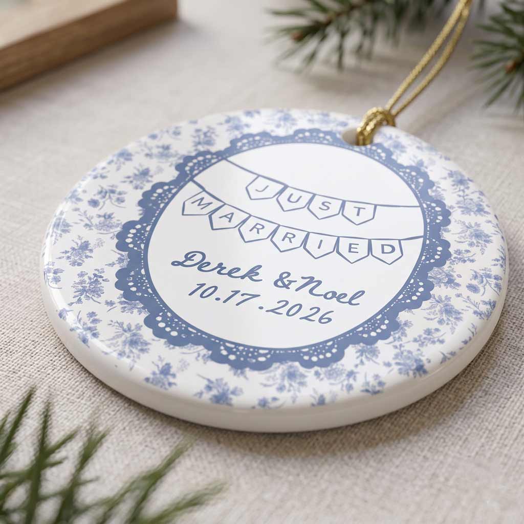 Just Married Blue Floral Custom Gift Wedding Couple Newlywed Keepsake Round Ceramic Ornament