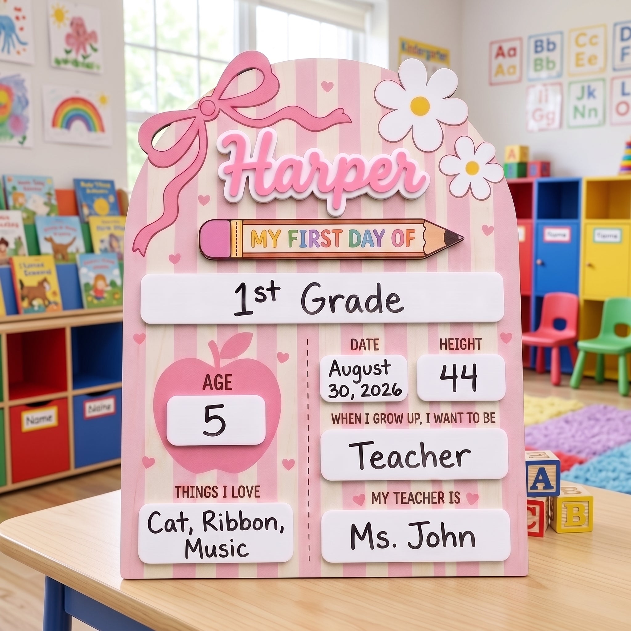 Personalized Pink Pencil First Day School Board, Reusable Dry Erase Board, Back to School Sign