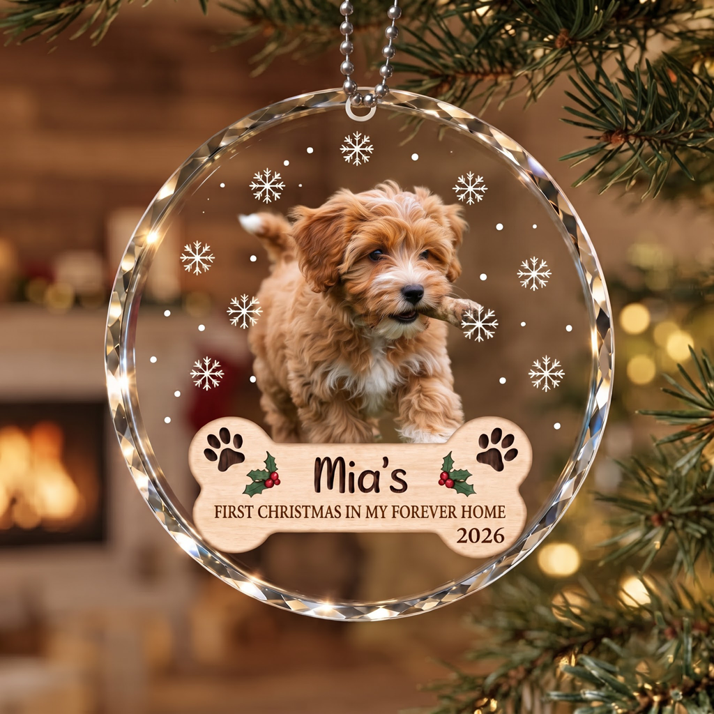 First Christmas In My Forever Home Keepsake Dog Lover Gift Custom Pet Name Dog Cat Round Glass Christmas Ornament