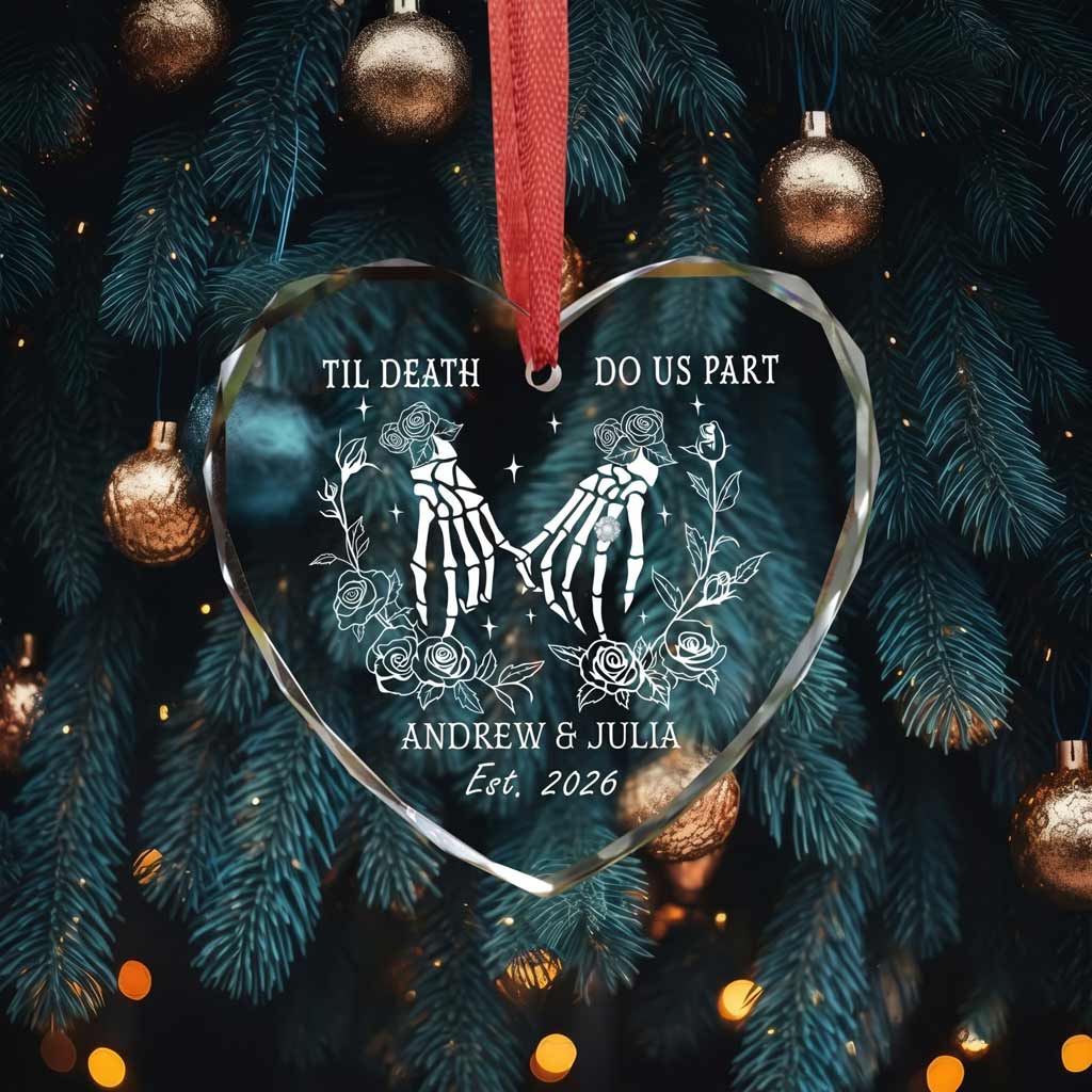 Til Death Do Us Part Skeleton Hands Roses Custom Name Date Gothic Couple Wedding Gift Heart Glass Ornament