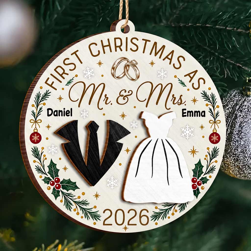 First Christmas As Mr & Mrs 2026 Wedding Rings Bride Groom Custom Name Wedding Newlywed Keepsake Wooden Christmas Ornament
