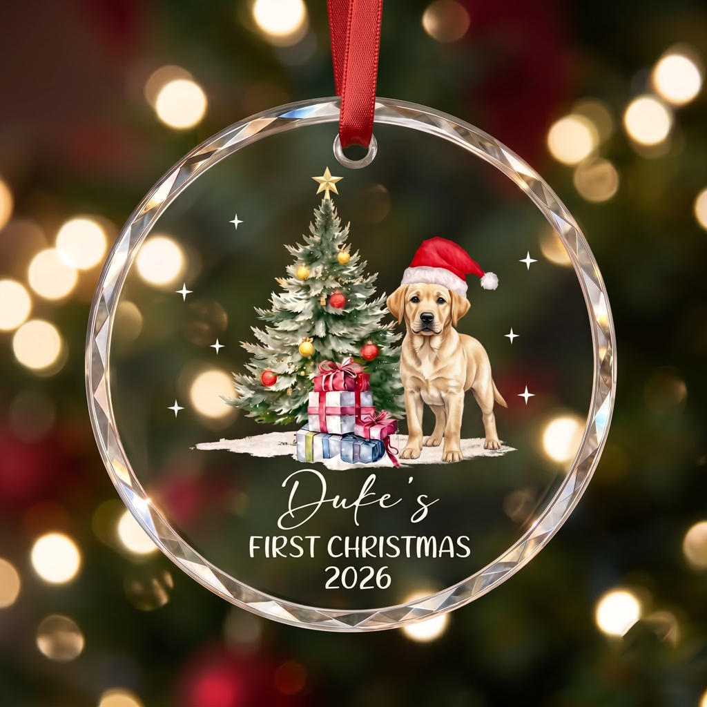 First Christmas for Dog Mom Custom Pet Name Round Glass Christmas Ornament