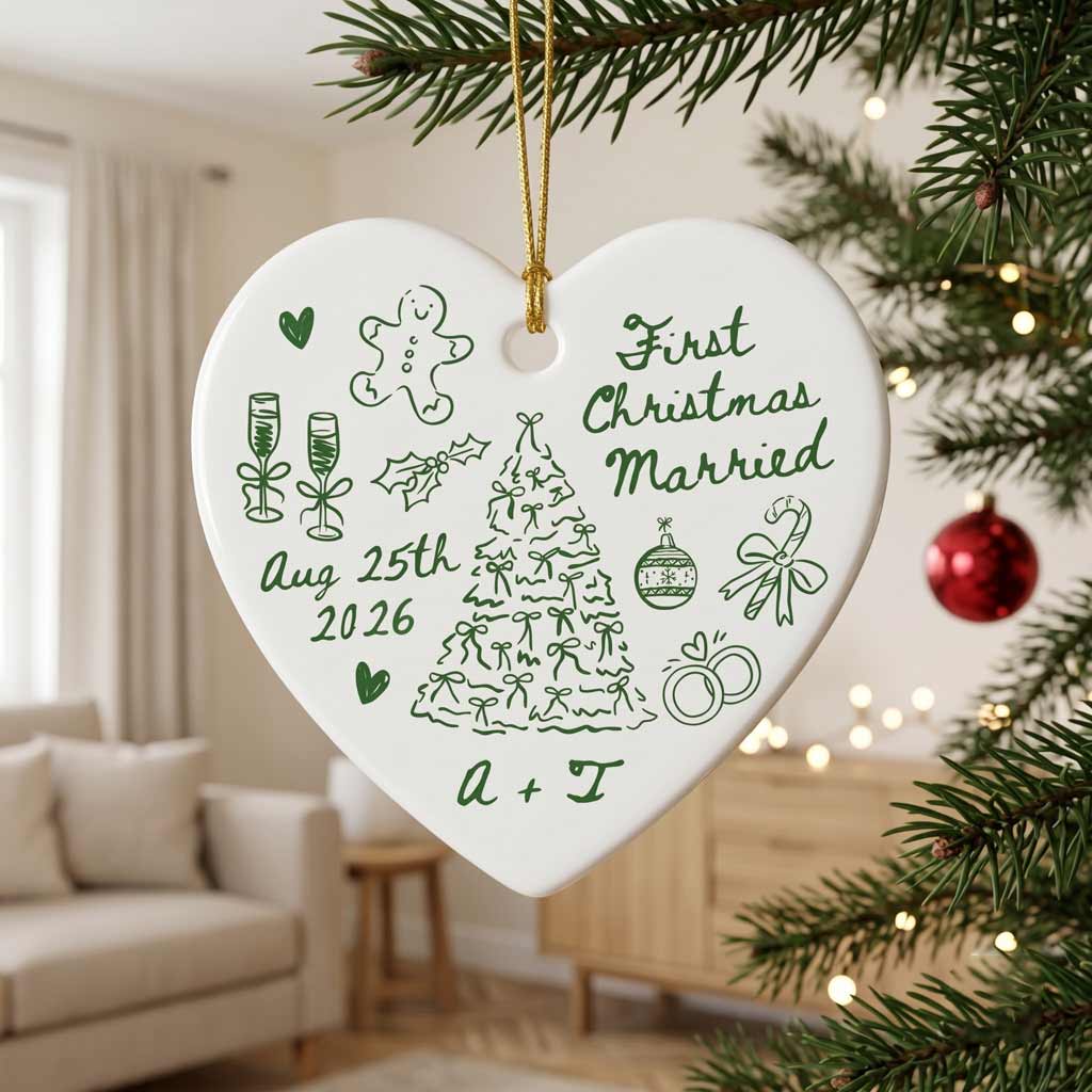 First Christmas Married Wedding Doodle Custom Name Date Couple Newlywed Heart Glass Ornament