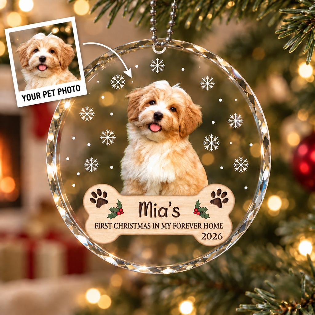First Christmas In My Forever Home Keepsake Dog Lover Gift Custom Pet Name Dog Cat Round Glass Christmas Ornament