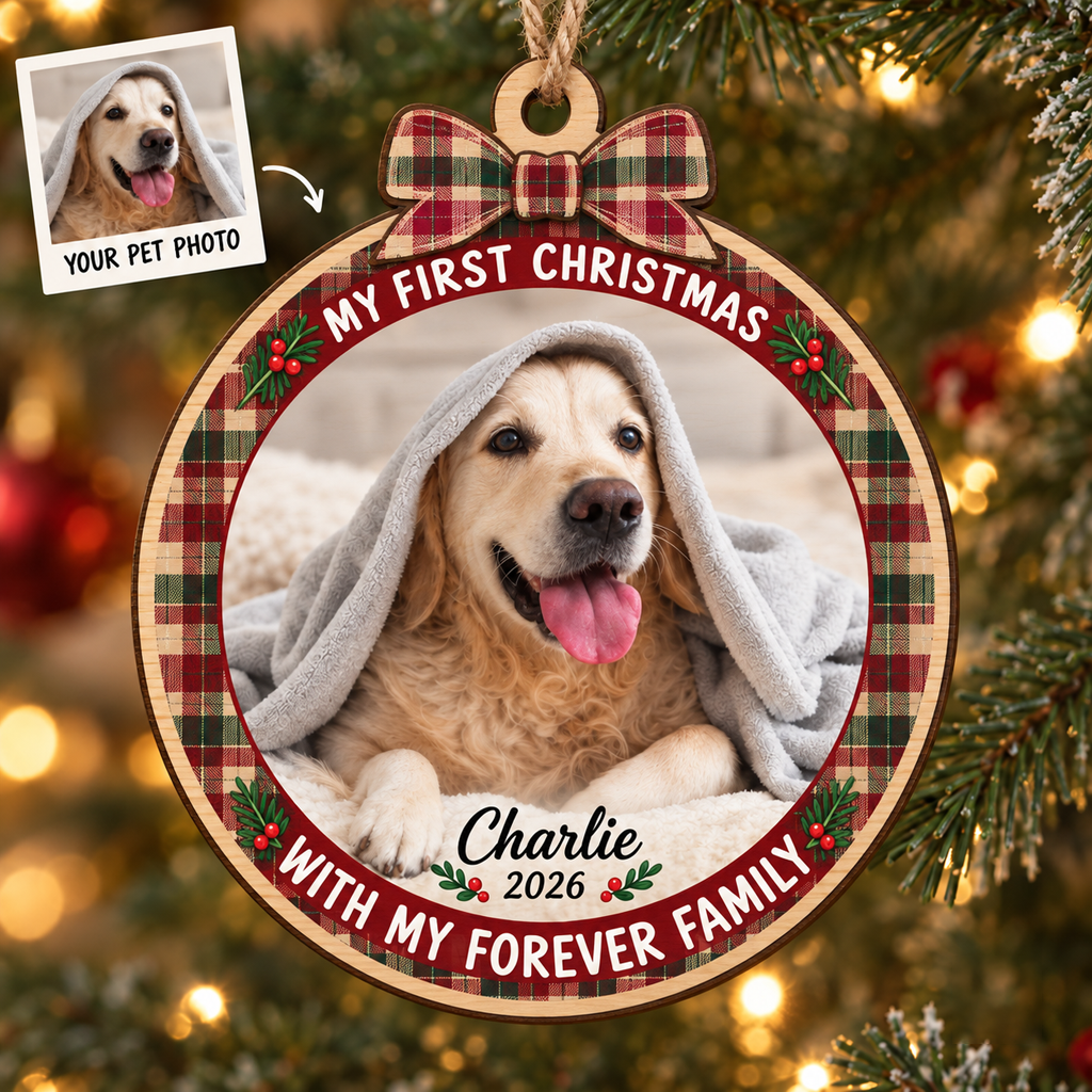 My First Christmas With My Forever Dog Custom Photo Names Pet Wooden Ornament