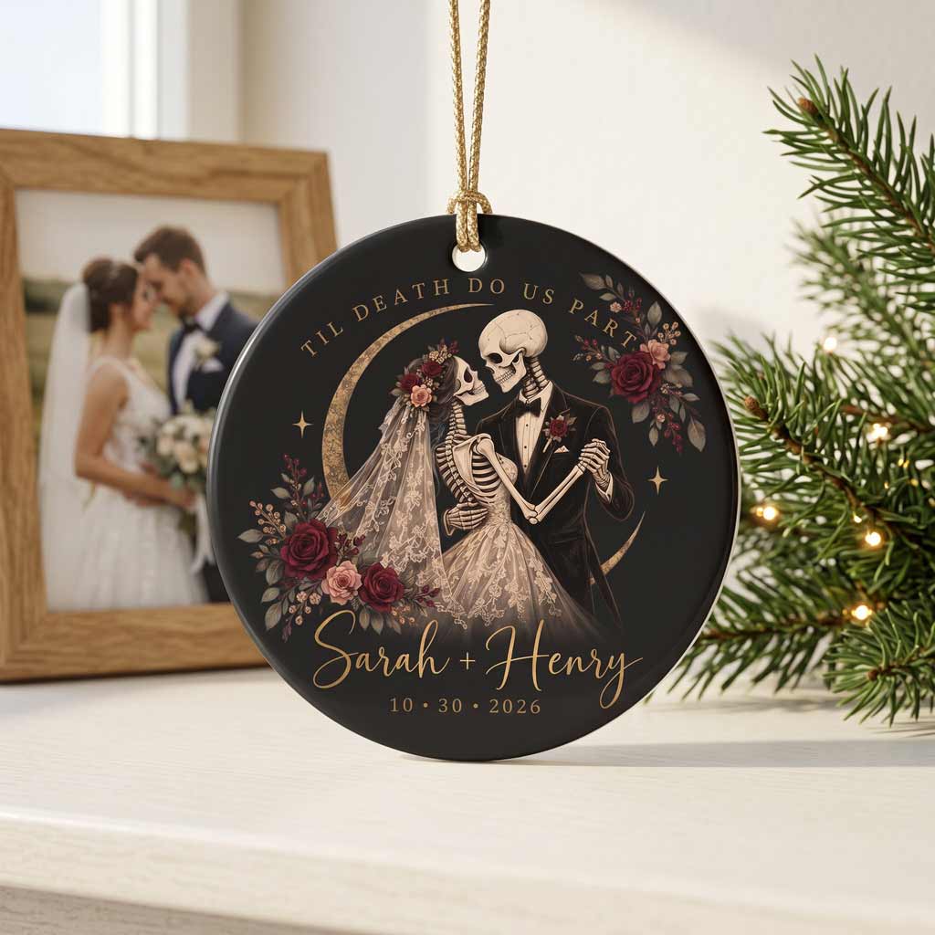 Til Death Do Us Part Skeleton Bride Groom Custom Name Date Gothic Wedding Couple Round Ceramic Ornament