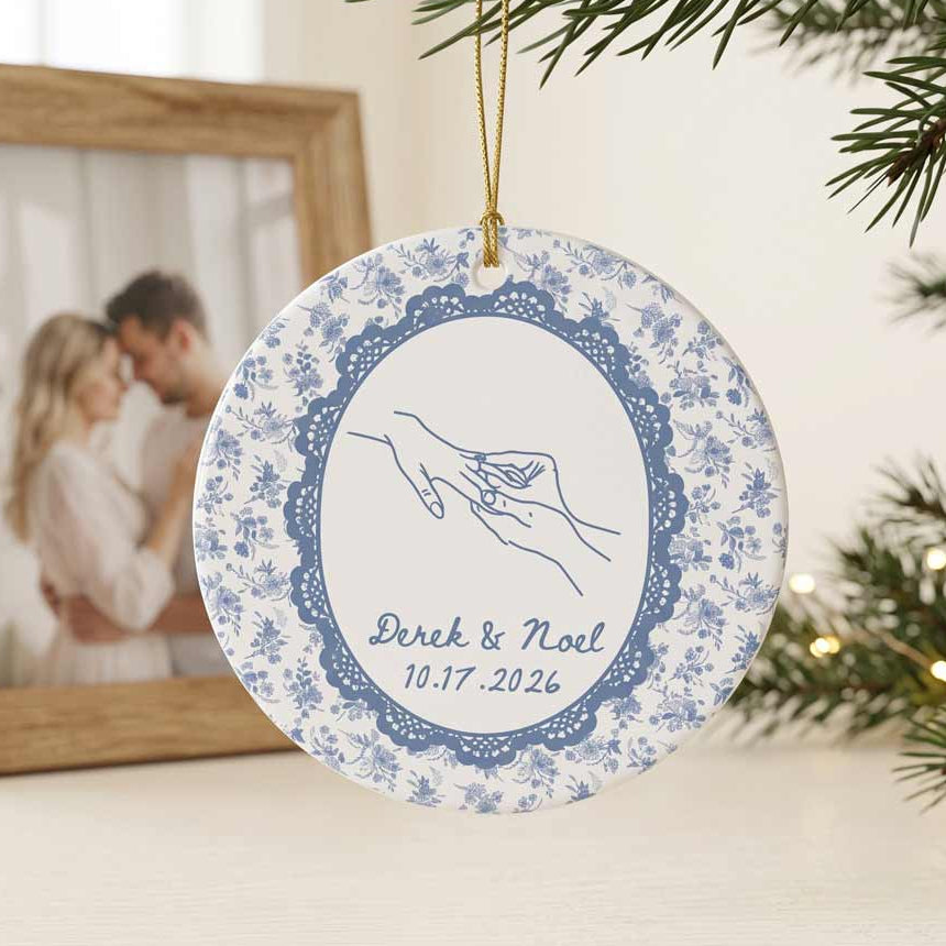 Holding Hands Blue Floral Custom Name Date Couple Wedding Keepsake Round Ceramic Ornament