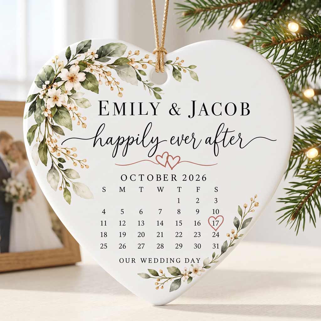 Happily Ever After Wedding Calendar Custom Name Date Wedding Couple Keepsake Heart Ceramic Christmas Ornament