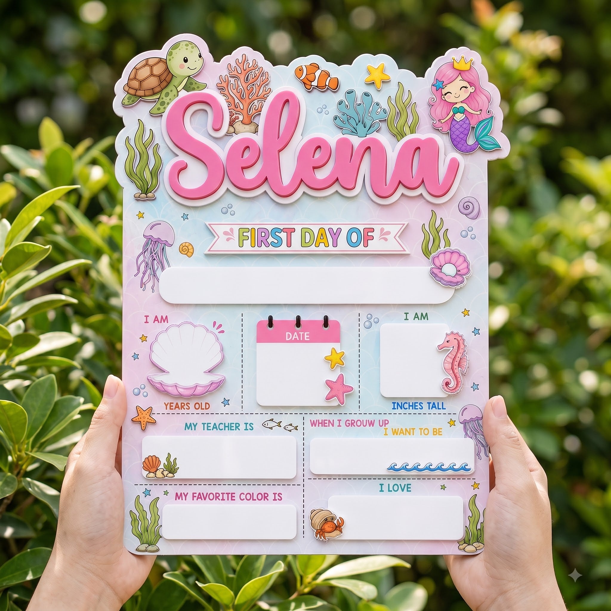 Personalized Cute Underwater Princess First & Last Day School Sign, Reusable Dry Erase Board, Back to School Sign