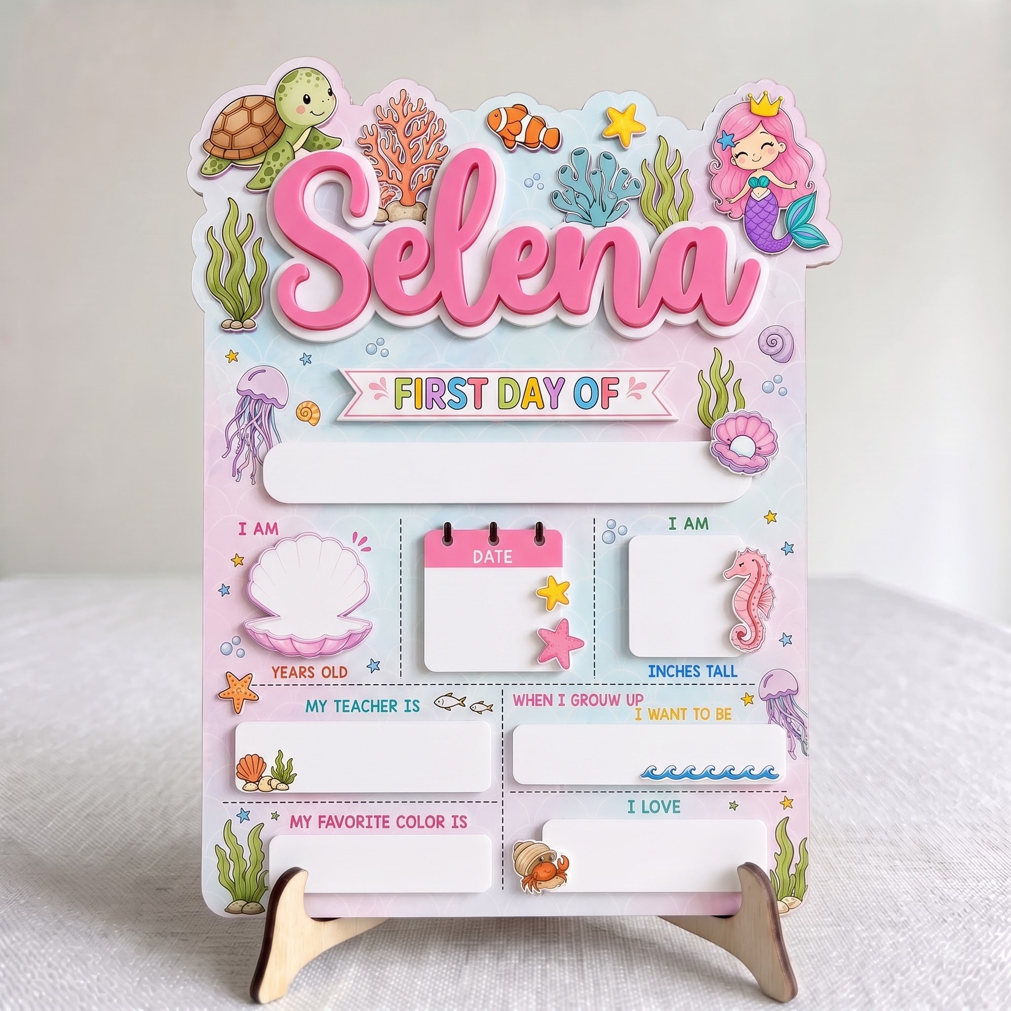 Personalized Cute Underwater Princess First & Last Day School Sign, Reusable Dry Erase Board, Back to School Sign